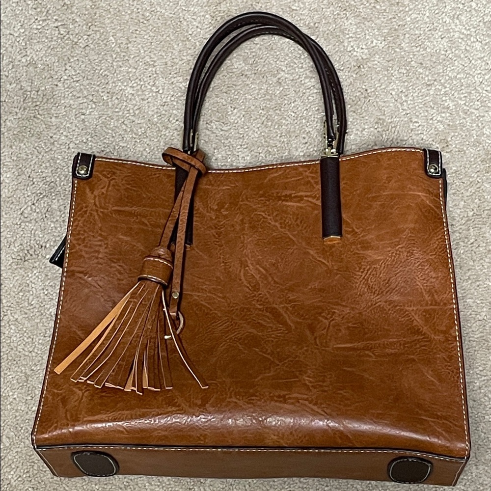 Vegan Leather Tassel Handbag Shoulder Bag Double Handle Casual Business Neutral